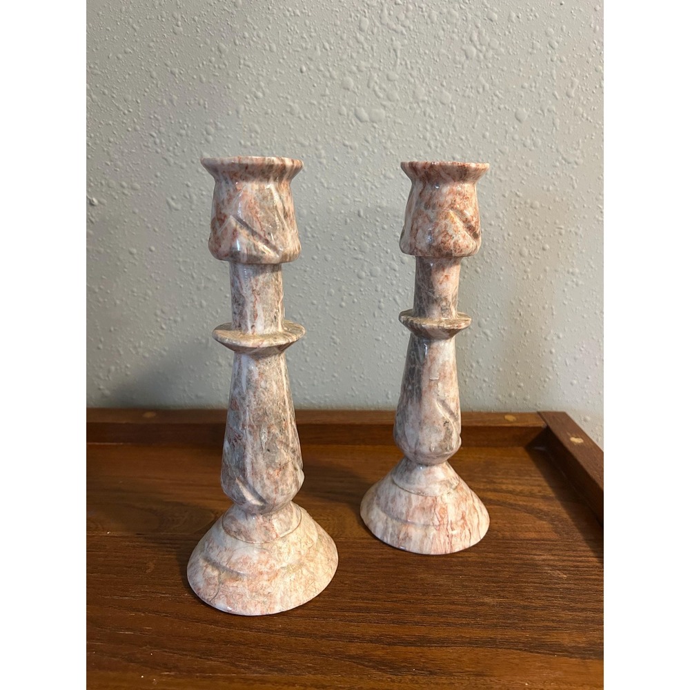 Vintage Mid Century Modern Pink Onyx Marble Candlestick Holders Pair of 2